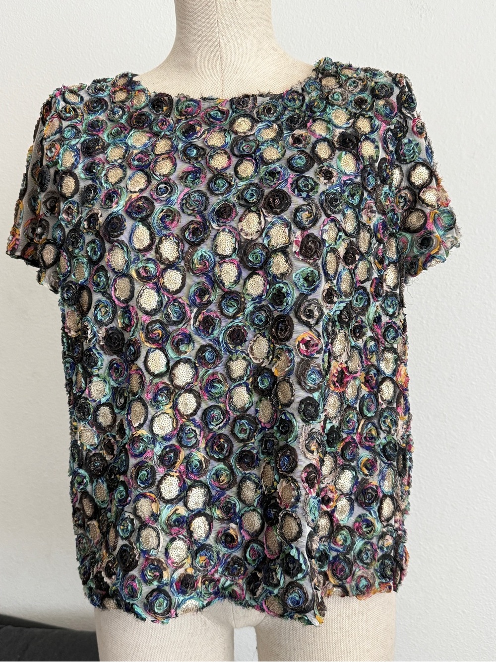 Weston Wear Anthropologie 3D Rosette Sequin Embellished Top Black Multicolor L